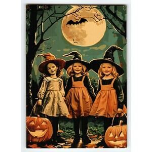 Vintage Halloween Postcard with Three Witches & Jack-O'-Lanterns Full Moon
